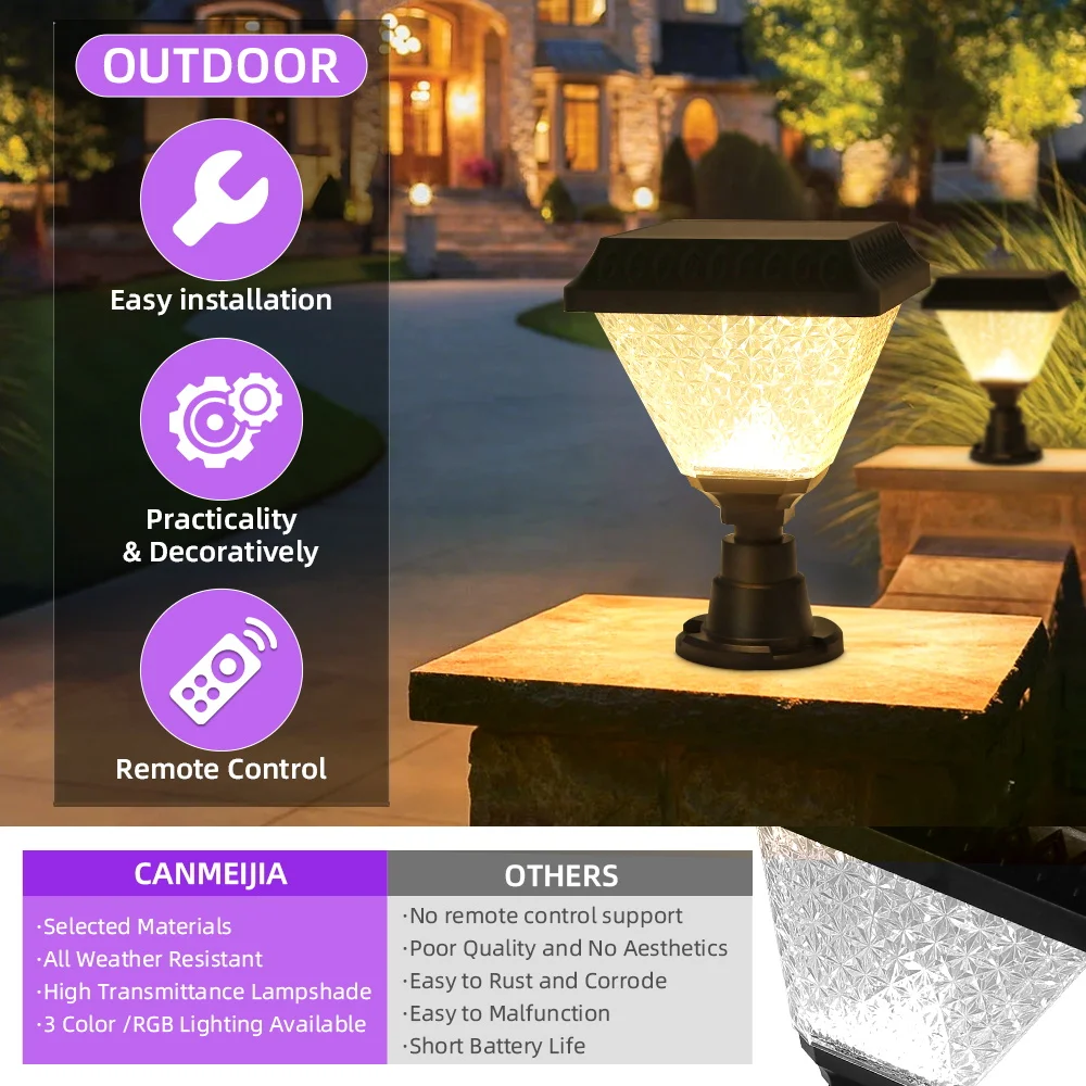 LED Solar Pillar Light Waterproof Solar Lights Outdoor Timed Remote Control Garden Sunlight for Fence Pathway Outdoor Decor Lamp