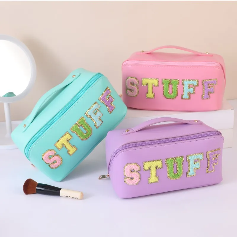 

Make up Organizer Bag with Chenille Letter STUFF Pouch Cosmetic Toiletry Bag Nylon Zipper Waterproof Stuff Bag for Women