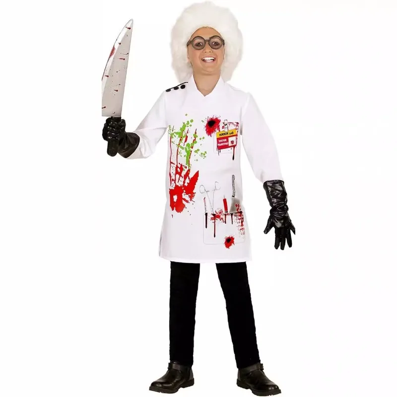 Kids Mad Crazy Scientist Costume for Boys Girls Evil Doctor Lab Coat Outfit Cosplay Halloween Professional Performance Clothes