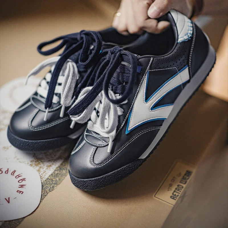 Maden Men's Casual Dual Lace-Up German Trainers Shoes Navy Blue Splice Sneakers Classic Low-Top Sporty Jogging Shoes for Walking