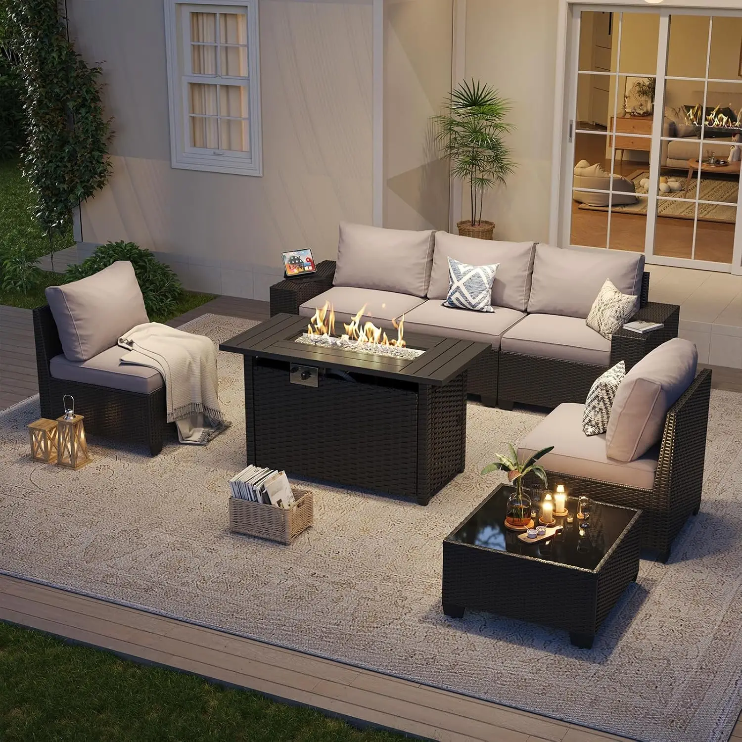 Outdoor Patio Furniture Set with 44'' Fire Pit Table, 7 Pcs Outdoor Sectional with 4in Thicken Cushion, Widen Armrests Wicker fo