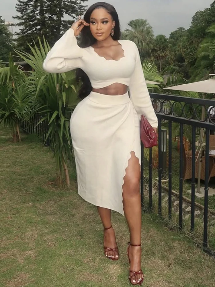 Wmstar Set da due pezzi da donna Stock all'ingrosso Cross Border 2025 Autunno Nuovo stile fresco manica svasata sottile tinta unita abito con spacco