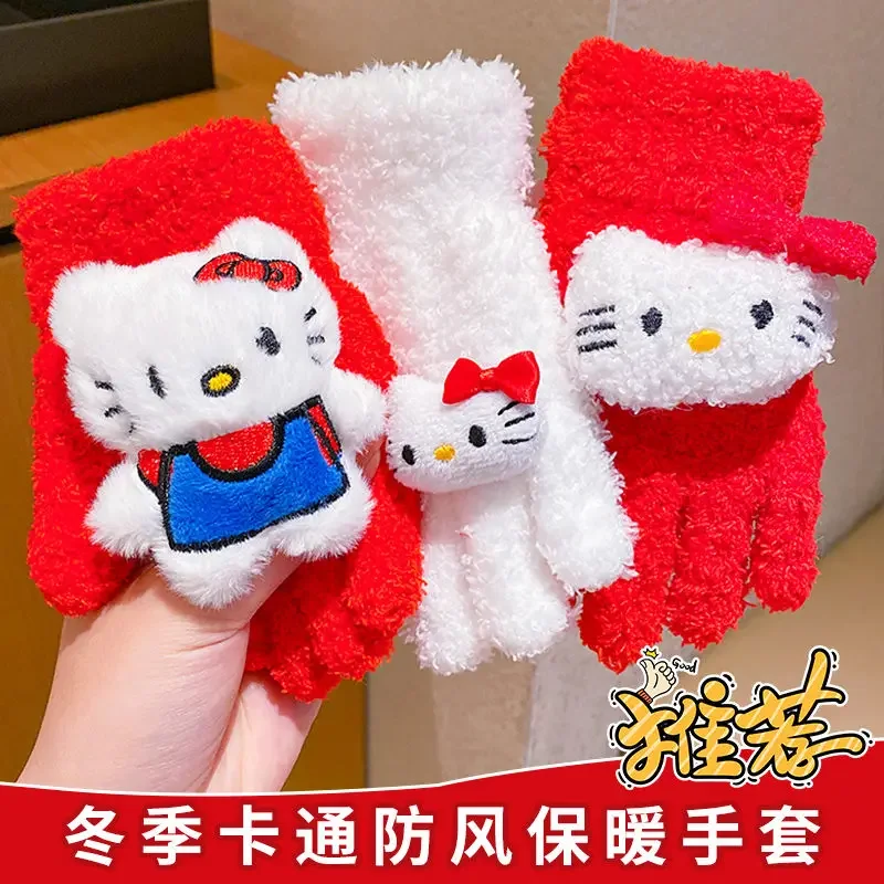 New Sanrio Hello Kitty Anime Cartoon Innovative Winter Gloves Cute High-Looking Warm Knitted Thick Women's Favorite Gloves Gift