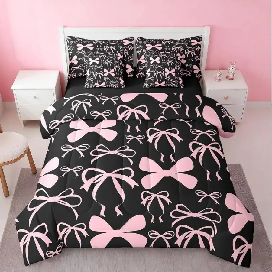 

Bow Bedding Set for All Season Boys Girls Twin Size Black Pink Girls Bow 7 Pieces Comforter Sets Women Men Cute Bowknot Bed in a