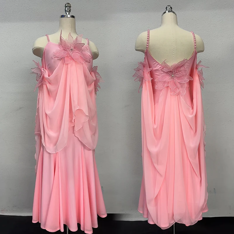 

Новое платье для бальных танцев, женское стандартное современное танцевальное платье, вальс, сценическая одежда, женские розовые элегантные длинные платья 3045