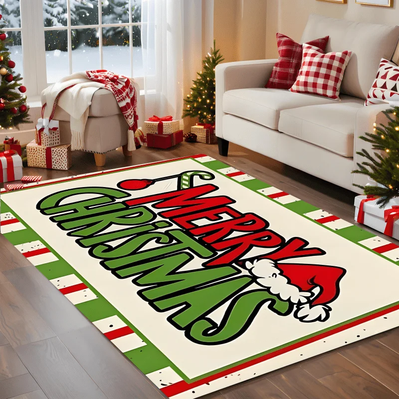 Big Merry Christmas Letters Area Rug Cream White Large Living Room Carpet Red Green Border Floor Mat Retro Home Decor