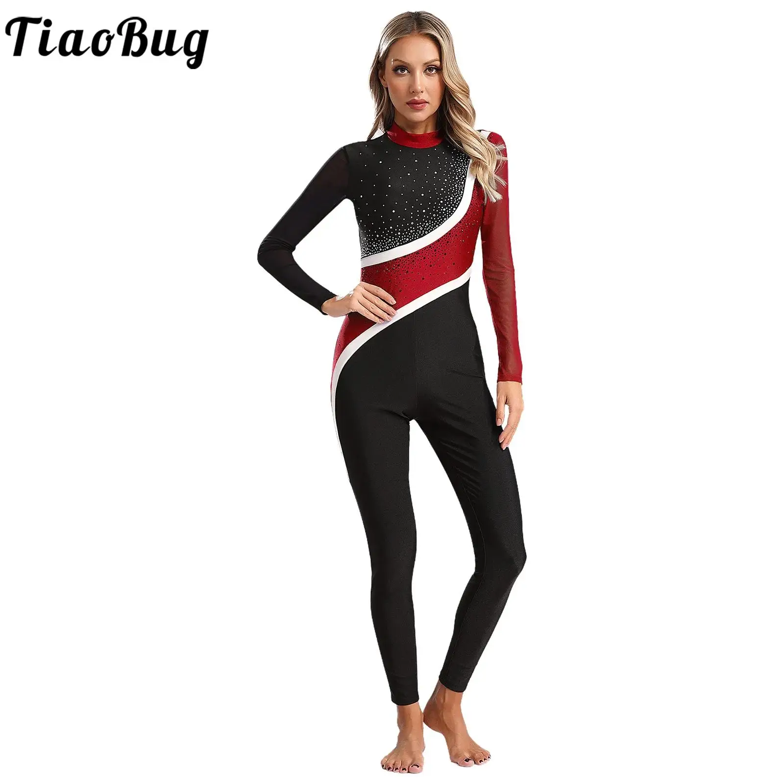 

Women Color Block Tights Gymnastics Jumpsuit Dance Rhinestones Full Body Leotard Sheer Mesh Long Sleeve Figure Skating Rompers