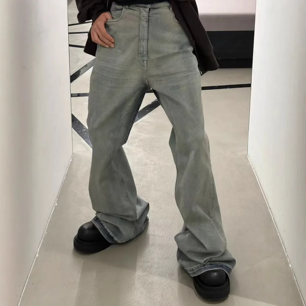 

Rick RO Vintage Washed Wide Leg Skinny Jeans with Built-Up Floor-Length and Distressed Details and Cat-Fur Style Denim Pants