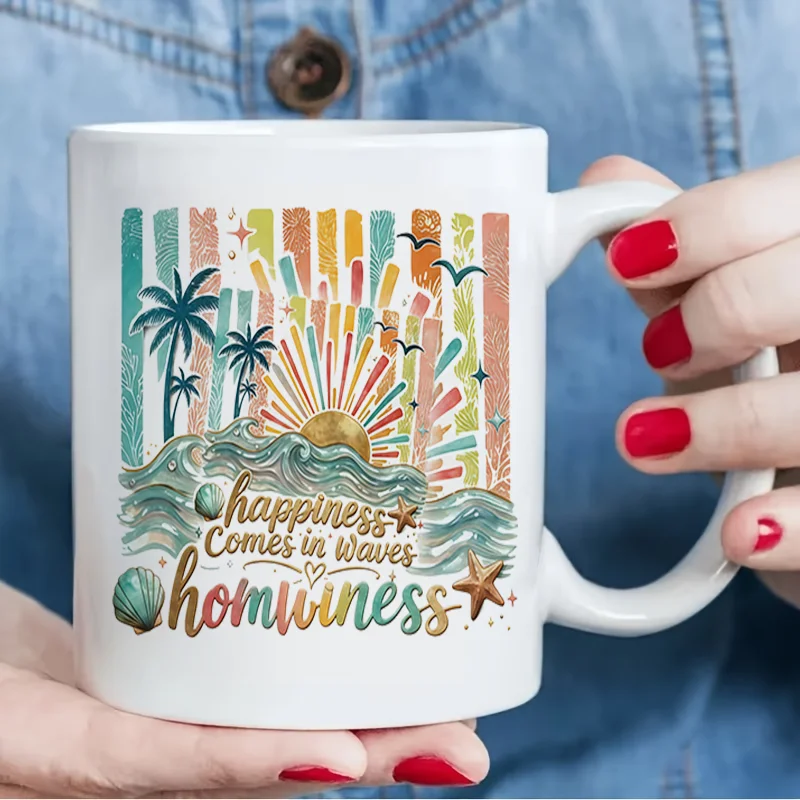 Sunset Palm Tree Ocean Waves Colorful Print Ceramic Coffee Mug 11oz 350ml Personalized Custom Mug Microwave Safe Cute Aesthetic