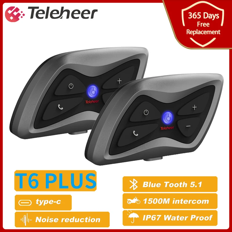 Teleheer T6 Plus Motorcycle Helmet Bluetooth Headset Intercom 2 Riders 1500M Interphone Communicator Waterproof Intercomunicador