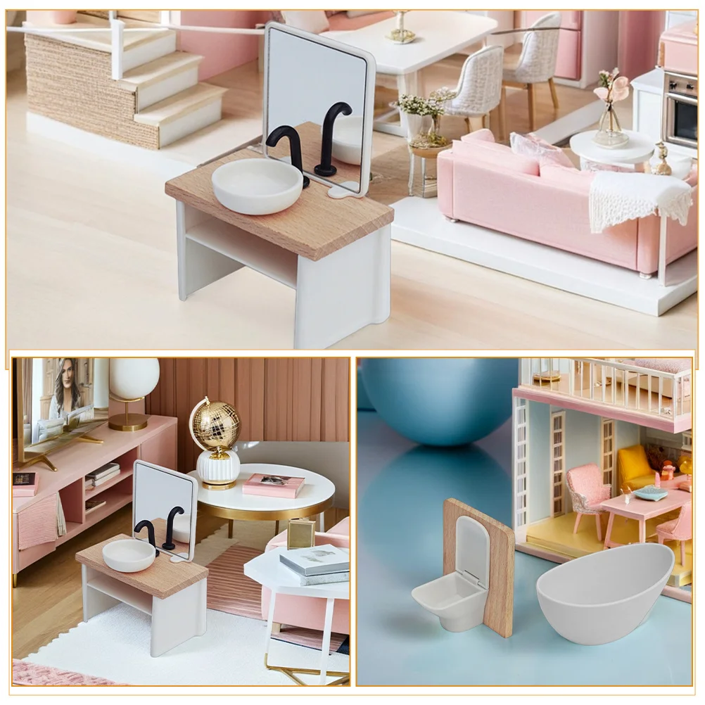 1Set Set Kamar Mandi Miniatur 1:12 Toilet Realistis Wastafel Kamar Mandi Aksesori Bermain Peran untuk Bermain Peran Kreatif