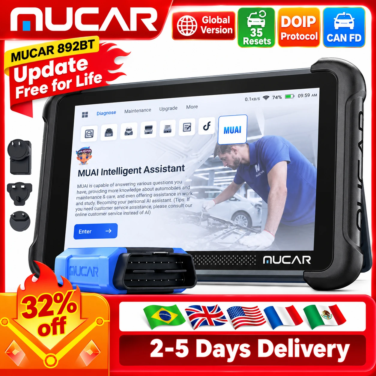 MUCAR 892BT OBD2 Diagnosegerät AI CAN FD/DOIP Allsystem-Diagnose 35 Resets Bidirektionale ECU-Codierung Lebenslange Kostenlose Updates