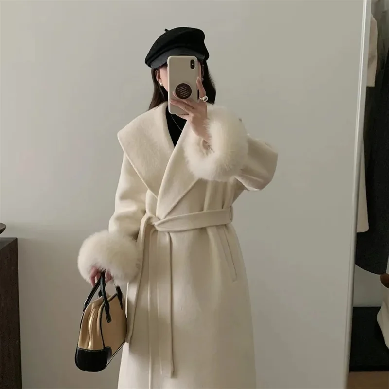 

Long Lace Up Lapel Cashmere Woolen Coat For Women's Fashion Temperament 2025 Autumn And Winter New Collection Wool