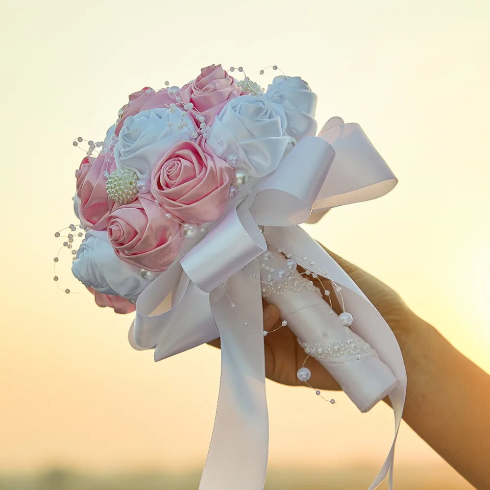

Romantic Pink Artificial Flowers Silk Rose Pearl Flower Bouquets Bridal Handheld Wedding Party Accessories