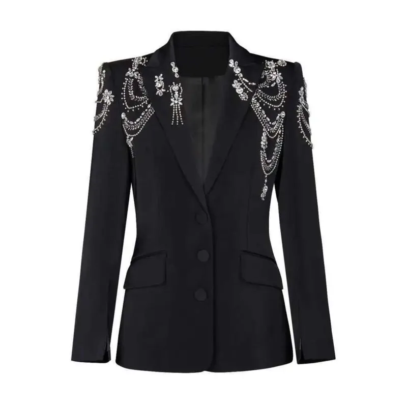 

HUISONG Women Black Embroidered Flares Elegant Blazer New Lapel Long Sleeve Waist Jacket Fashion Tide Spring Autumn 2025