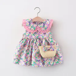 Sleeveless Summer Newborn Dress Fashion Print Doll Collar Cute Princess Beach Flowers Dresses+Bag Little Girls Clothing