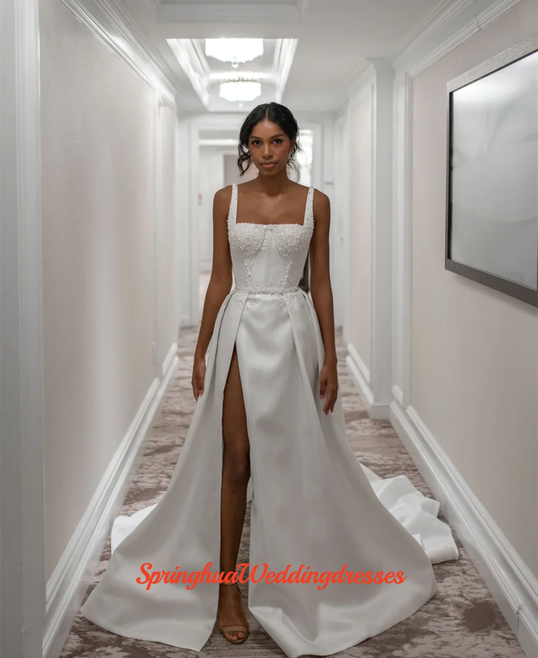 Customized Spaghetti Straps Wedding Dresses Crystal Decorations Matte Satin Material High Slit Fashionable Bridal Gown