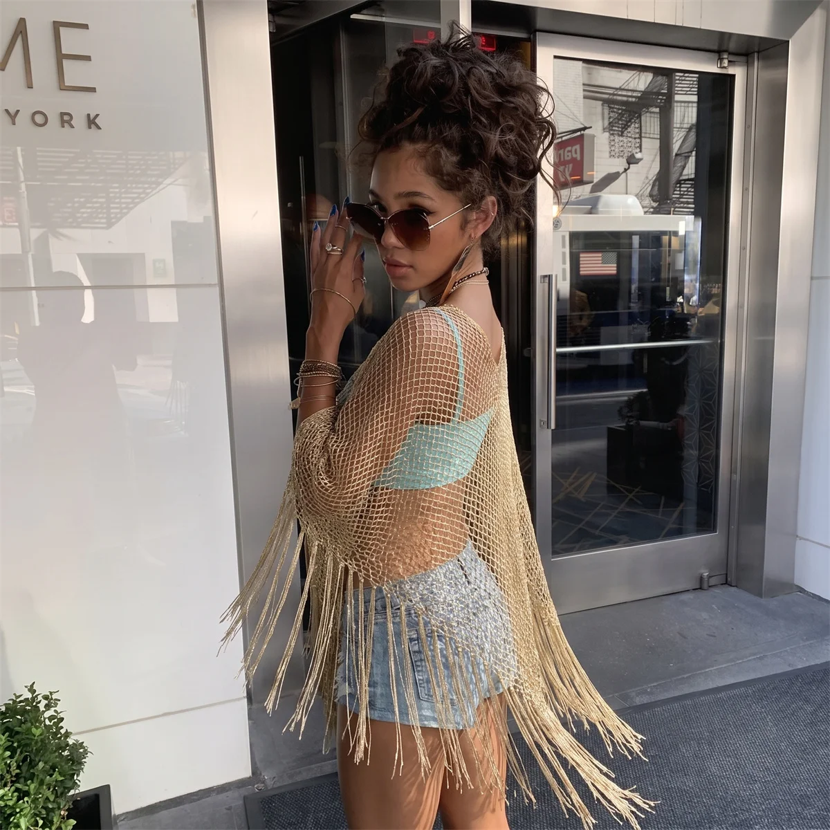 Gradient Fishnet Fringe Shawl Poncho Hollow Sheer Mesh Wrap Cover Up For Women Vacation Rave Festival Outer Cape Scarf view 2