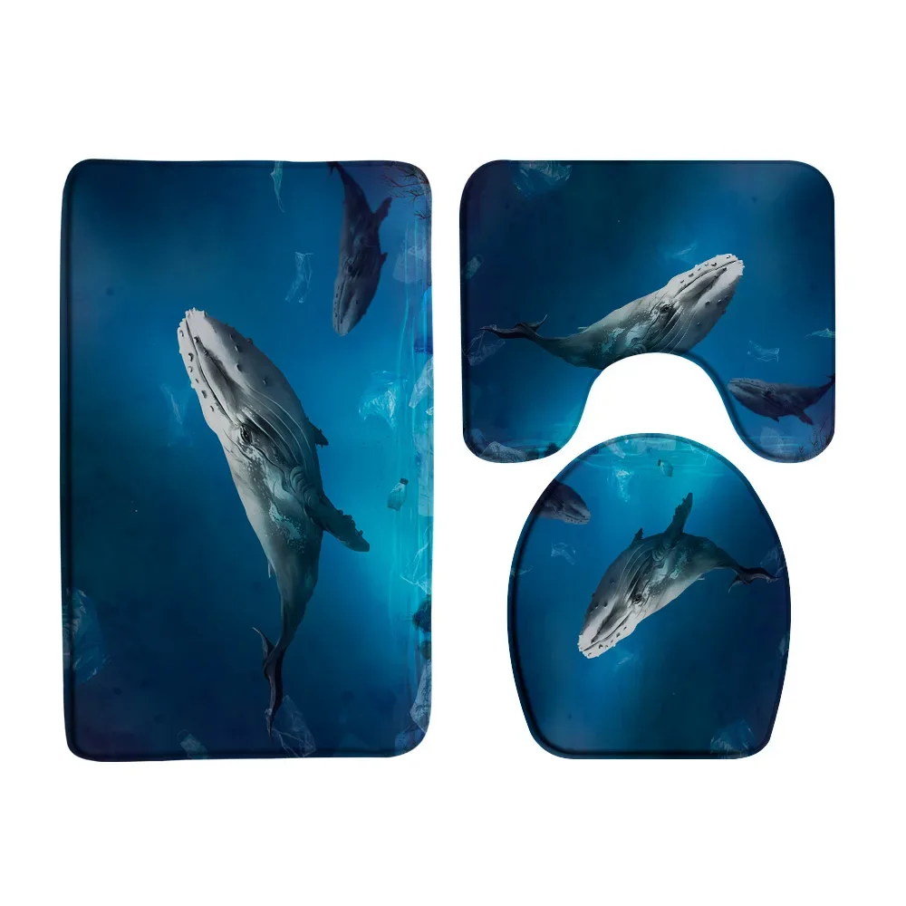 Dolphin Bath Mat Ocean Animal Sea Sunlight Shark Underwater Bathroom Rug Set Toilet Seat Lid Cover Non Slip Pad Blue Carpet Home