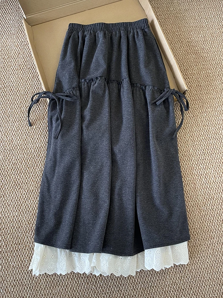 

Осень-зима, плотное серое платье трапециевидной формы для женщин, модные кружевные лоскутные юбки до щиколотки, новое японское повседневное платье для поездок на работу