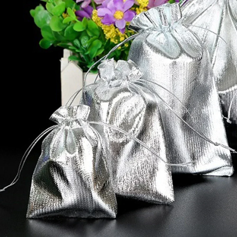 50pcs 5x7cm 7x9cm 9x12cm Metallic Foil Jewelry Packing Silver/Gold Color Drawstring Bag For Wedding Gifts Candy Bags&Pouches