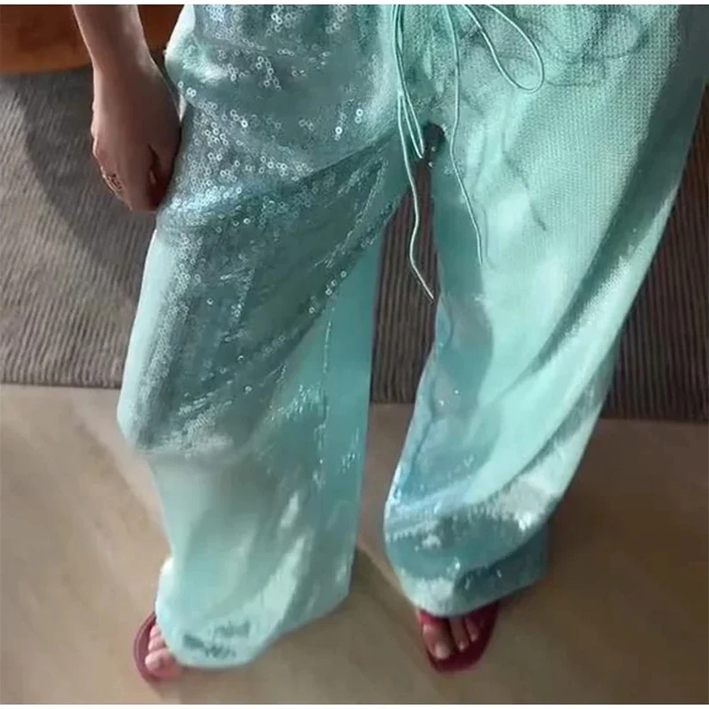 Combhasaki Donna Shiny Glitter Paillettes Lace-up Coulisse Vita bassa Pantaloni lunghi Gamba larga Party Clubwear Pantaloni larghi a gamba larga