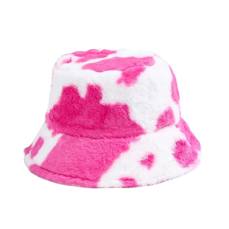 Bucket Hat Women\'s  Cow Pattern Plush Basin Hat Japanese and Korean  Versatile Lamb Wool Ear Protection Hat Cute Soft Girl