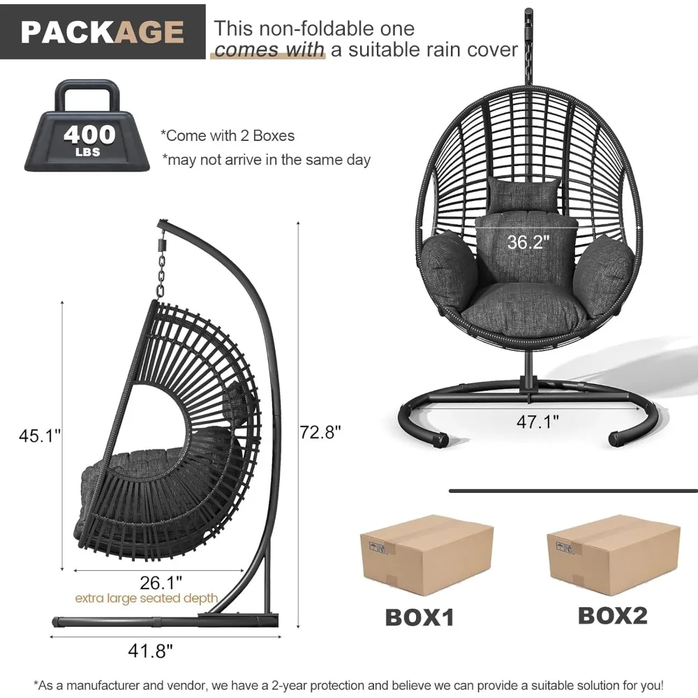 Oversized Hanging Egg Chair Outdoor Wicker Swing Chair with Stand Rain Cover UV Resistant Cushion 400lbs Capacity for Patio