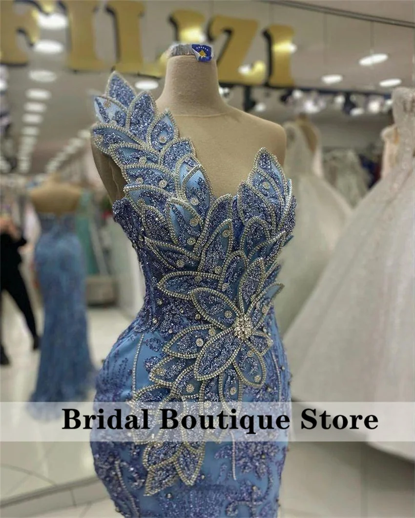 

Glitter Blue Evening Dresses 2025 Beading Crystals Gems Diamonds Wedding Party Gowns Engagement Prom Gown Customized