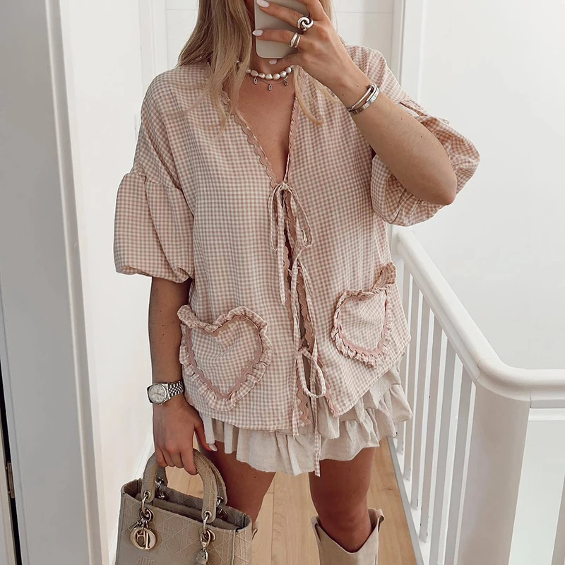 

Elegant Plaid Bow Lace Up 3/4 Length Sleeve Womens Tops Casual Love Pocket V-neck Female Shirts 2024 Ladies Blouses Fashion Tops