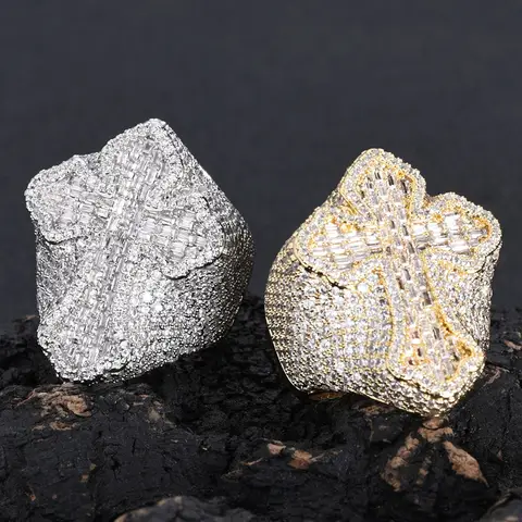 Hip Hop Jewelry Fashion Style Cross Cuban Ring for Men Bling Iced Out Round&T-shaped Diamond Cross Ring Party Gift