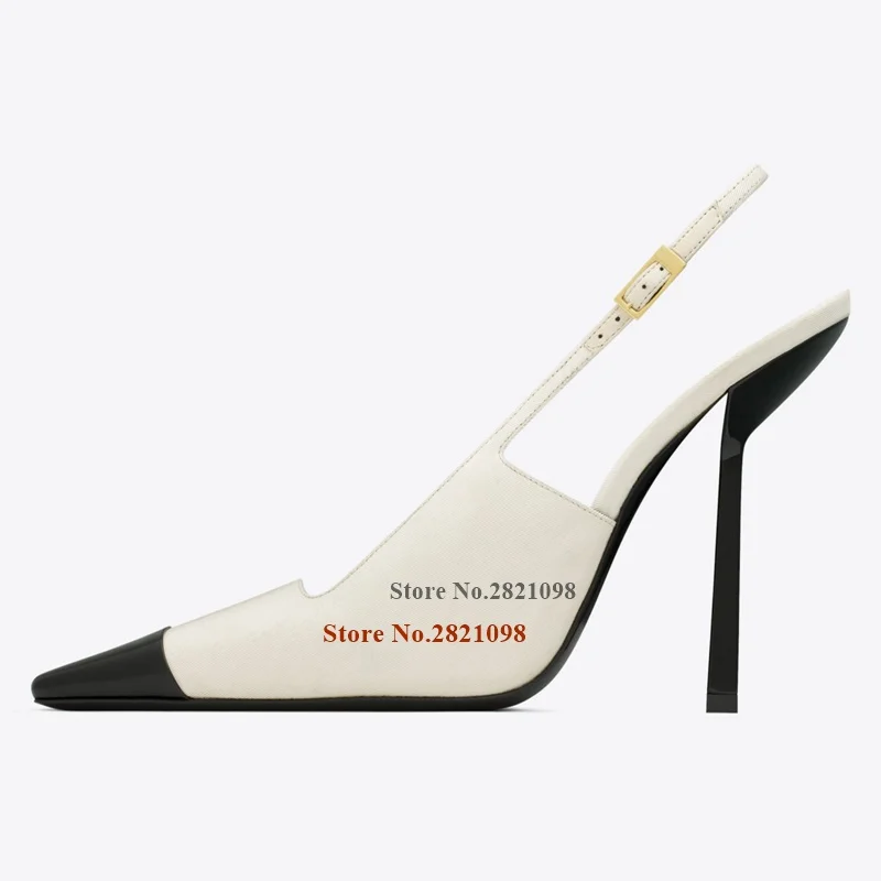 Women's White Leather Trimmed Twill Slingback Court Shoes Pointed Toe Pumps High Stiletto Heel Pointy Woman's Dress Shoes