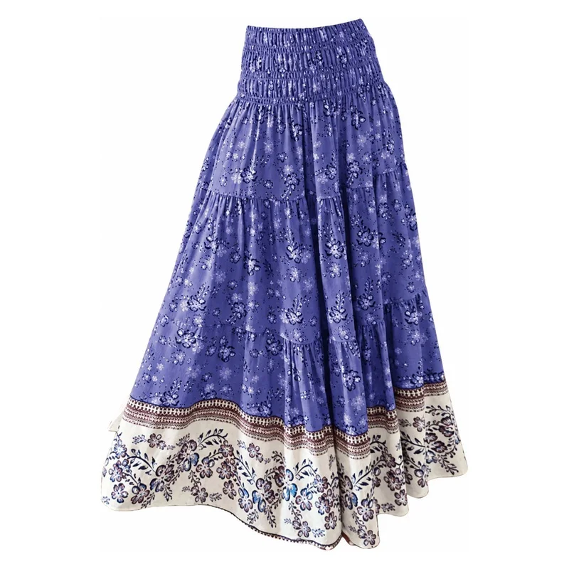 Women's Boho Floral Print Maxi Skirt Smocked High Waist Tiered A Line Flowy Long Skirt Summer Beach Vacation