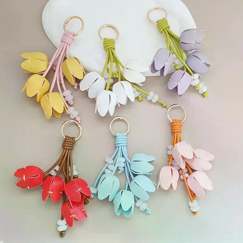 Porte-clés tendance en cuir PU avec pendentif fleur, fait main, pour voiture, créatif, pour sac, ornement de sac
