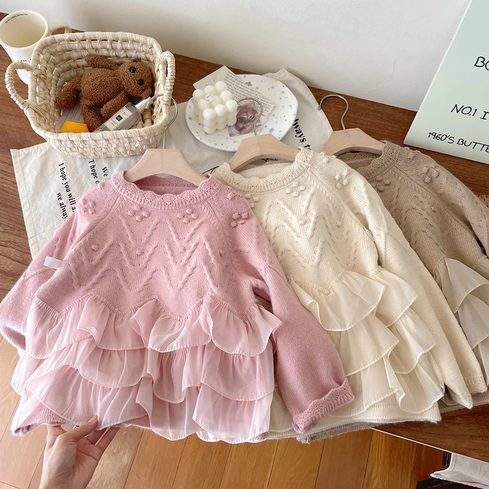 

Princess Edge Splice Thickened Warm Knitted Sweater for Baby Girls Autumn Winter New Style Children's Top for 2-8Years