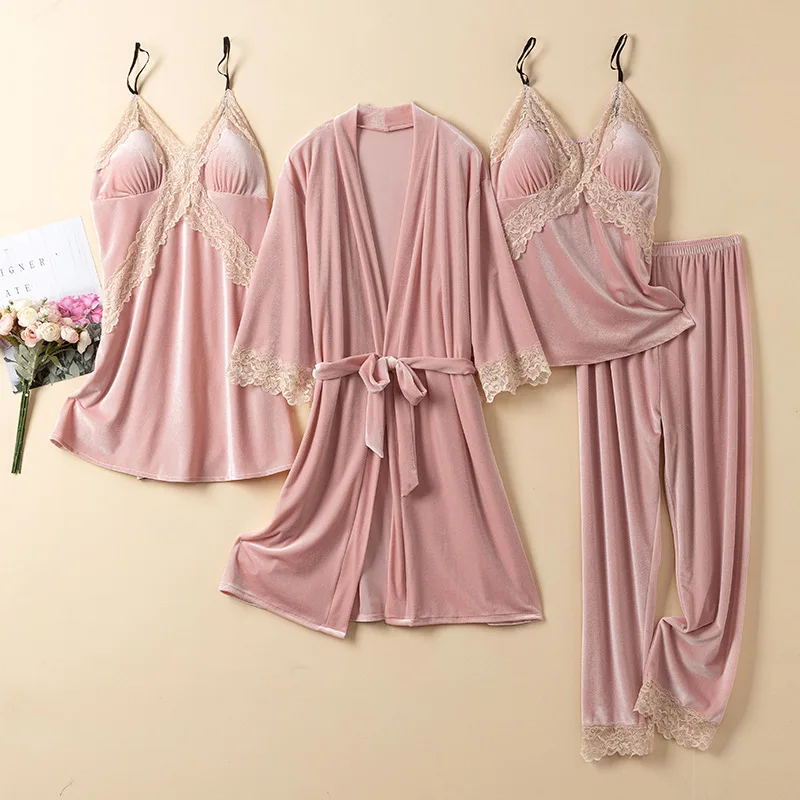 

Autumn Winter Female Velvet 4PCS Pajamas Set Sleepwear Sexy Lace Trim Bathtobe Nightgown Loose Black Velour Home Wear Pijamas