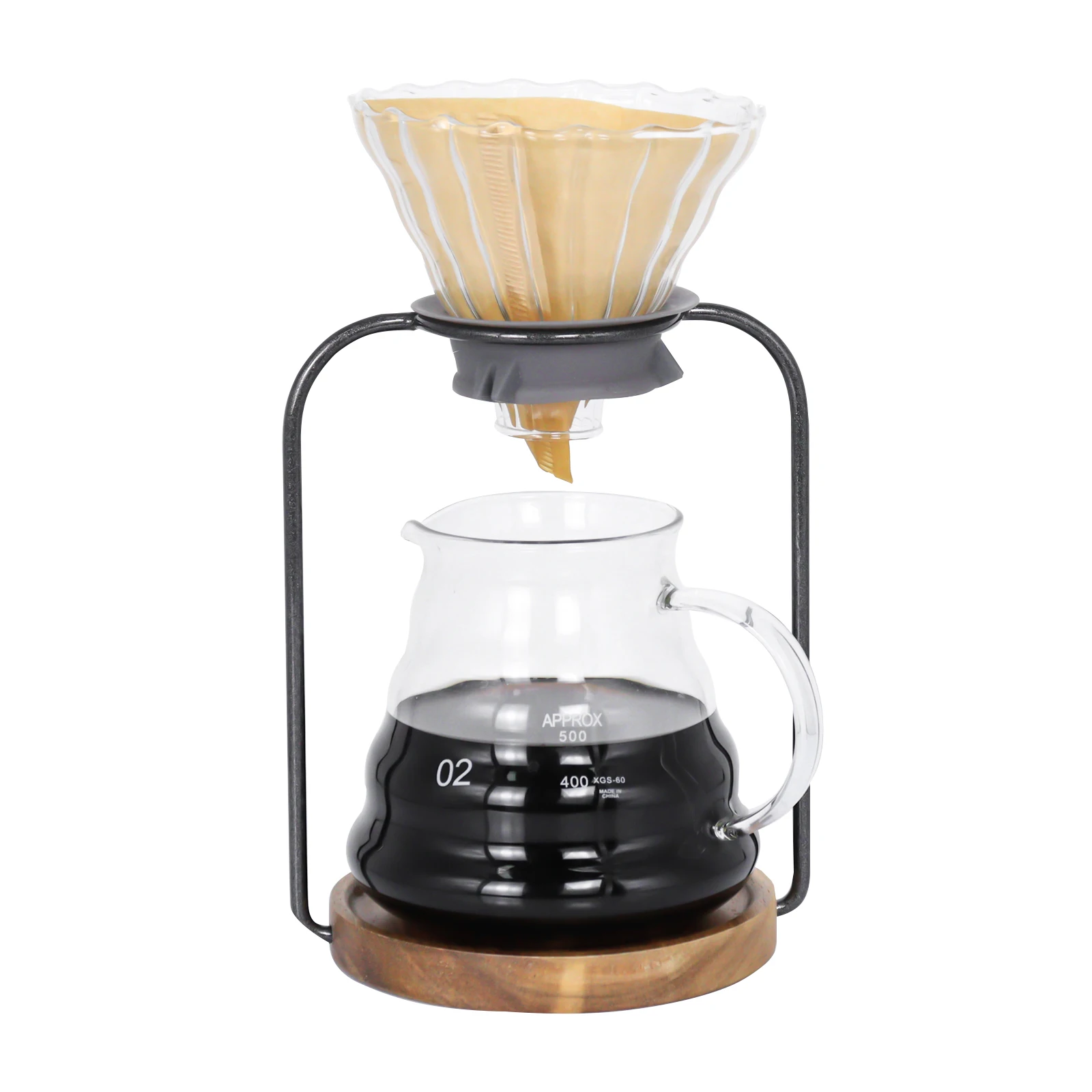 

4 in One Pour Over Coffee Maker Set with Metal Drip Stand Glass Server Coffee Filters Packing Bag for Home Office Outdoor