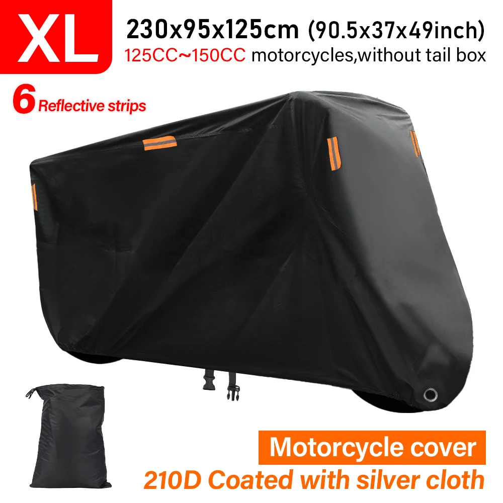 High density 210D Oxford cloth Motorcycle Cover Waterproof 6 Reflective Strips Coated Silver Sunscreen Sunshade Cover