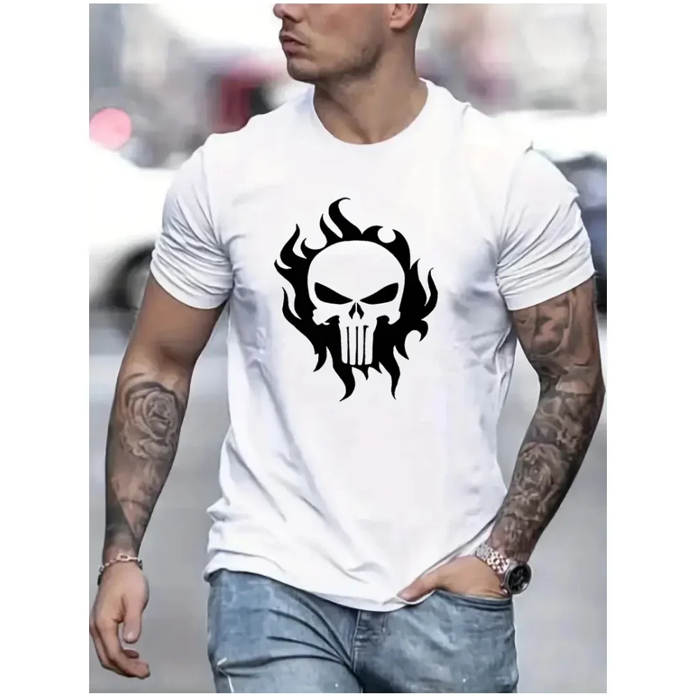 Mens T-Shirt Fashion Trend Skull Pattern Printing Casual Stretch Short Sleeved Round Neck Tee Summer Outdoor Man Tshirt Clothing