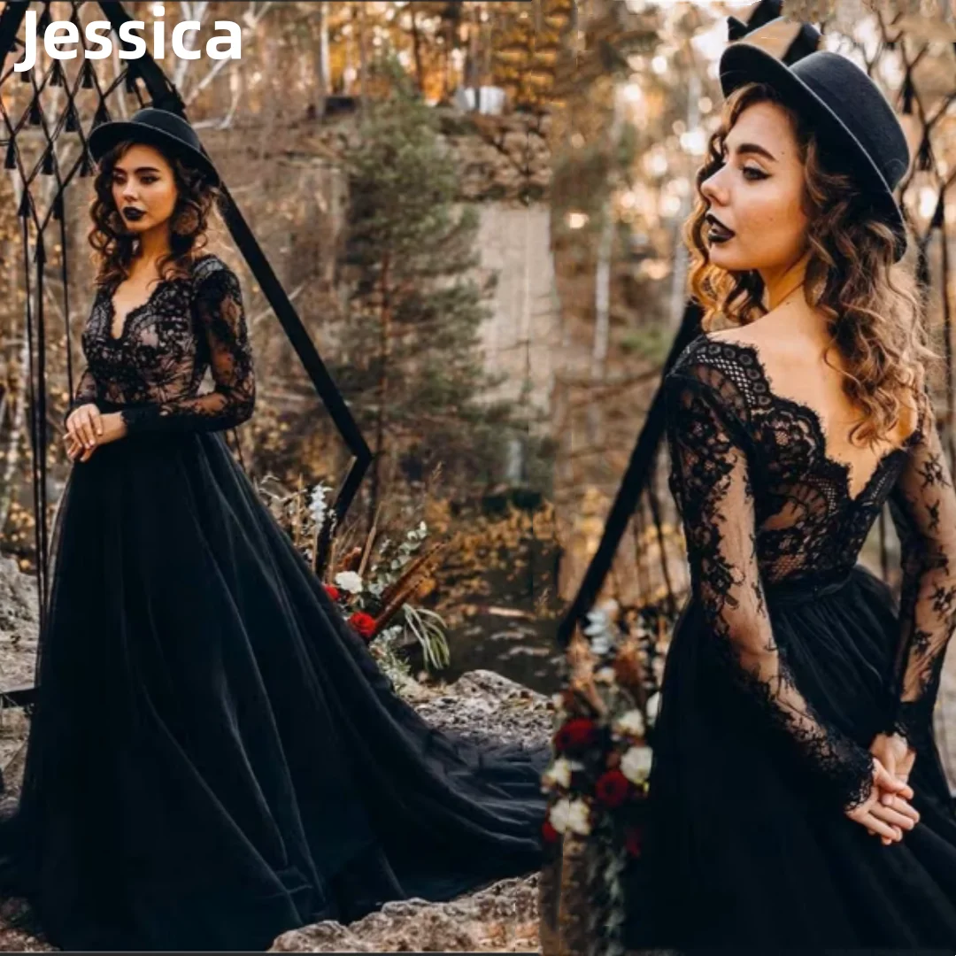 

Jessica Black Prom Dresses Lace Embroidered Tulle Gothic Wedding Dress 2024Vestidos De Fiesta Formal Occasions PartyDresses