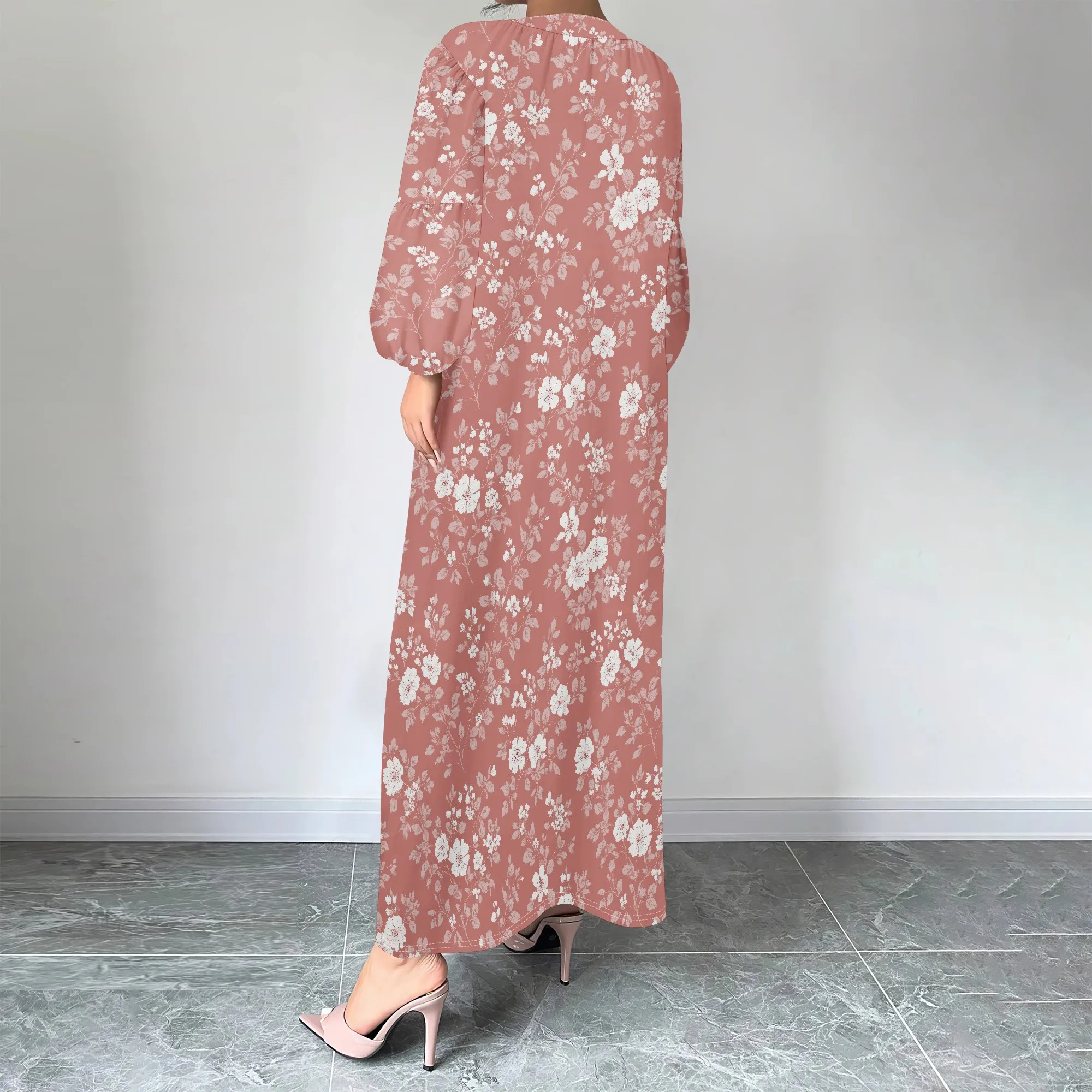 فستان نسائي طويل بياقة 3/4 كم مخطط باللون الأزرق الفاتح مع حاشية مكشكشة متدرجة أنيقة غير رسمية 2025 عصري