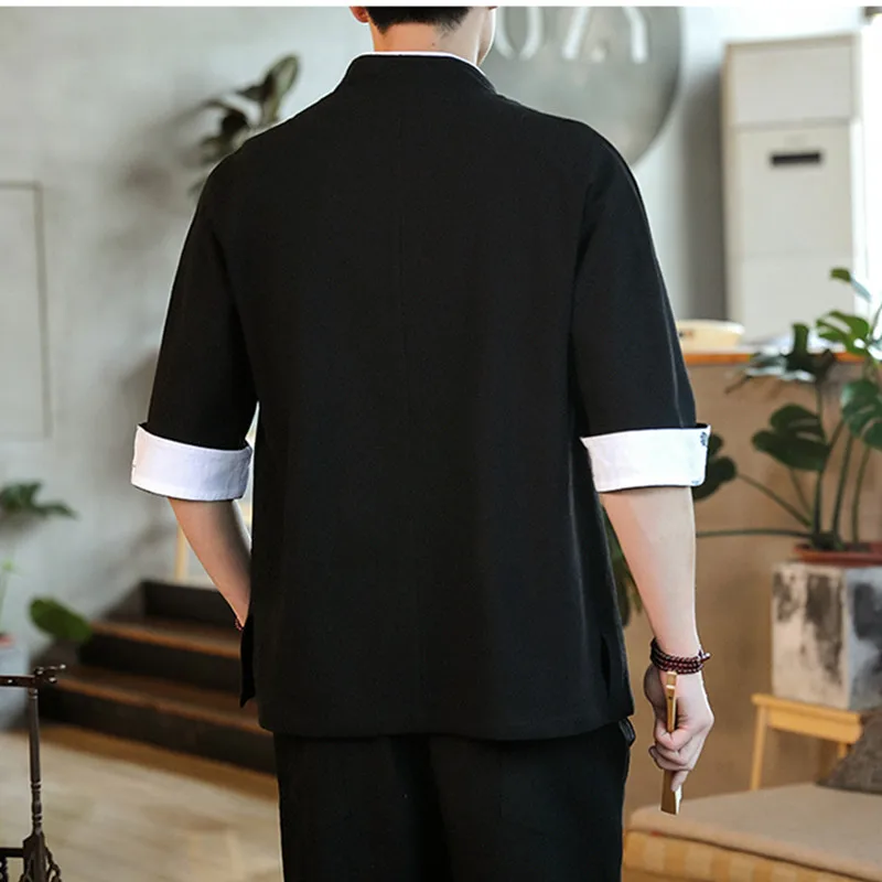 Summer Crane Embroidery Top Traditional Chinese Clothing for Men Vintage Half Sleeve Linen Shirts Madarin Collar Hanfu Kungfu