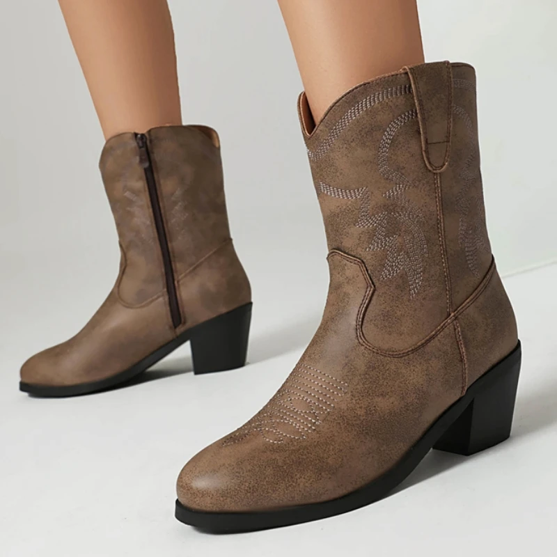 

Винтажные женские ботильоны, черные, розовые, короткие ковбойские ботинки в стиле вестерн, обувь для вечеринок на низком каблуке, женская обувь большого размера 45, новинка 2024, зимняя обувь