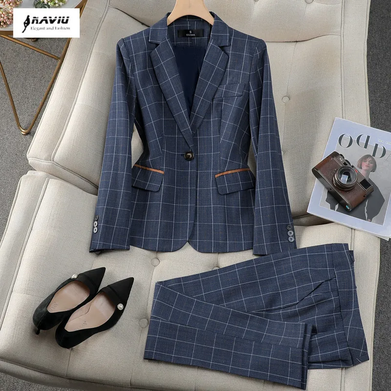 NAVIU Khaki Blue Plaid Suits Women Spring 2025 New Prfessional High End Casual Blazer And Pants Sets Office Lady Work Wear