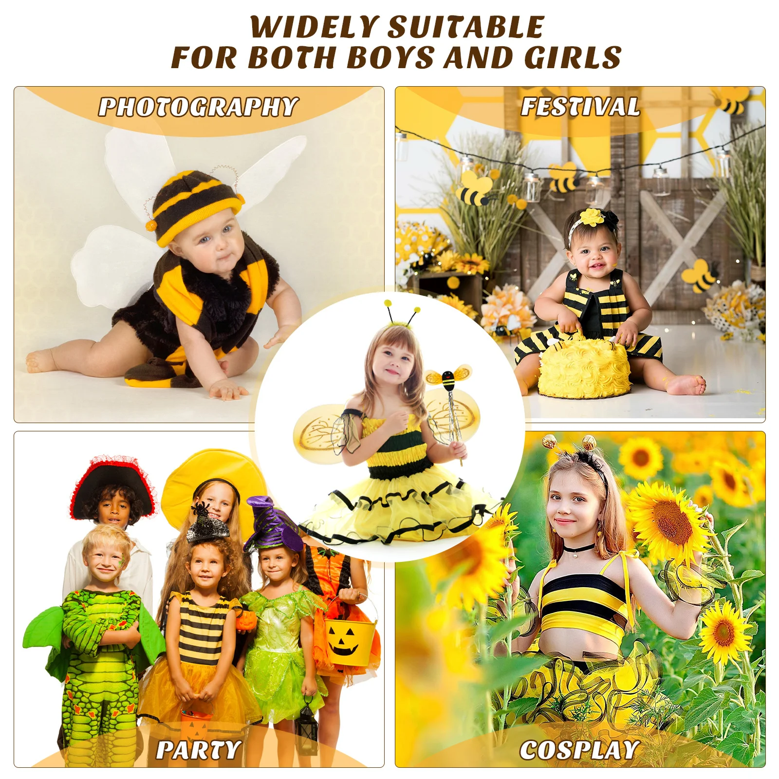 1 Set Kids Bee Cosplay Costume Wings Headband Wand Stage Performance Props (Random Rope Color) Bee Costume Kids