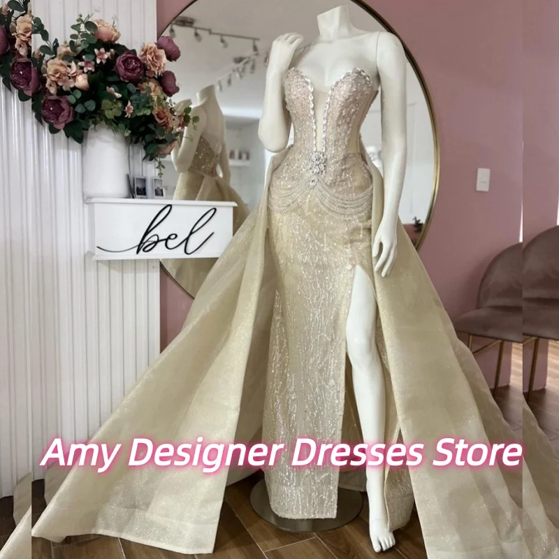 

Luxury Beaded Sweetheart High Split Evening Dress With Detachable Tail Prom Dresses Wedding Party Gowns For Females Customized