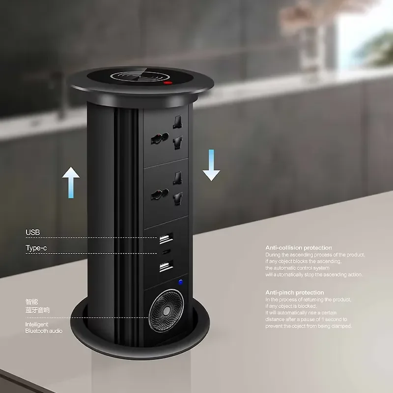 Desktop Pop Up Power Socket with USB Type C Retractable Extension Outlet for Kitchen Office EU UK FR DE BR Plug Standard