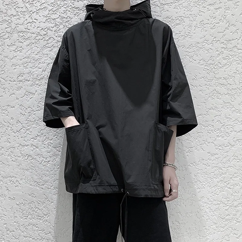 Summer New Loose Short Sleeved Hooded T-shirt Men's Korean Fashion Solid Large Pocket Super Large