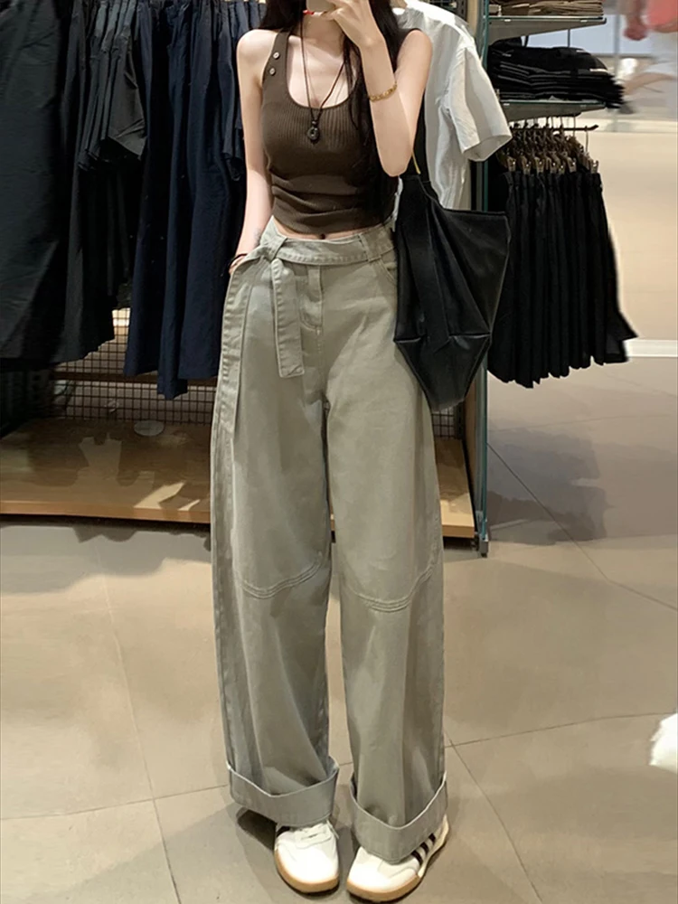 

Women in the summer of 2025 high waisted loose fit slimming and floor length grey green ribbon wide leg fashion jeans