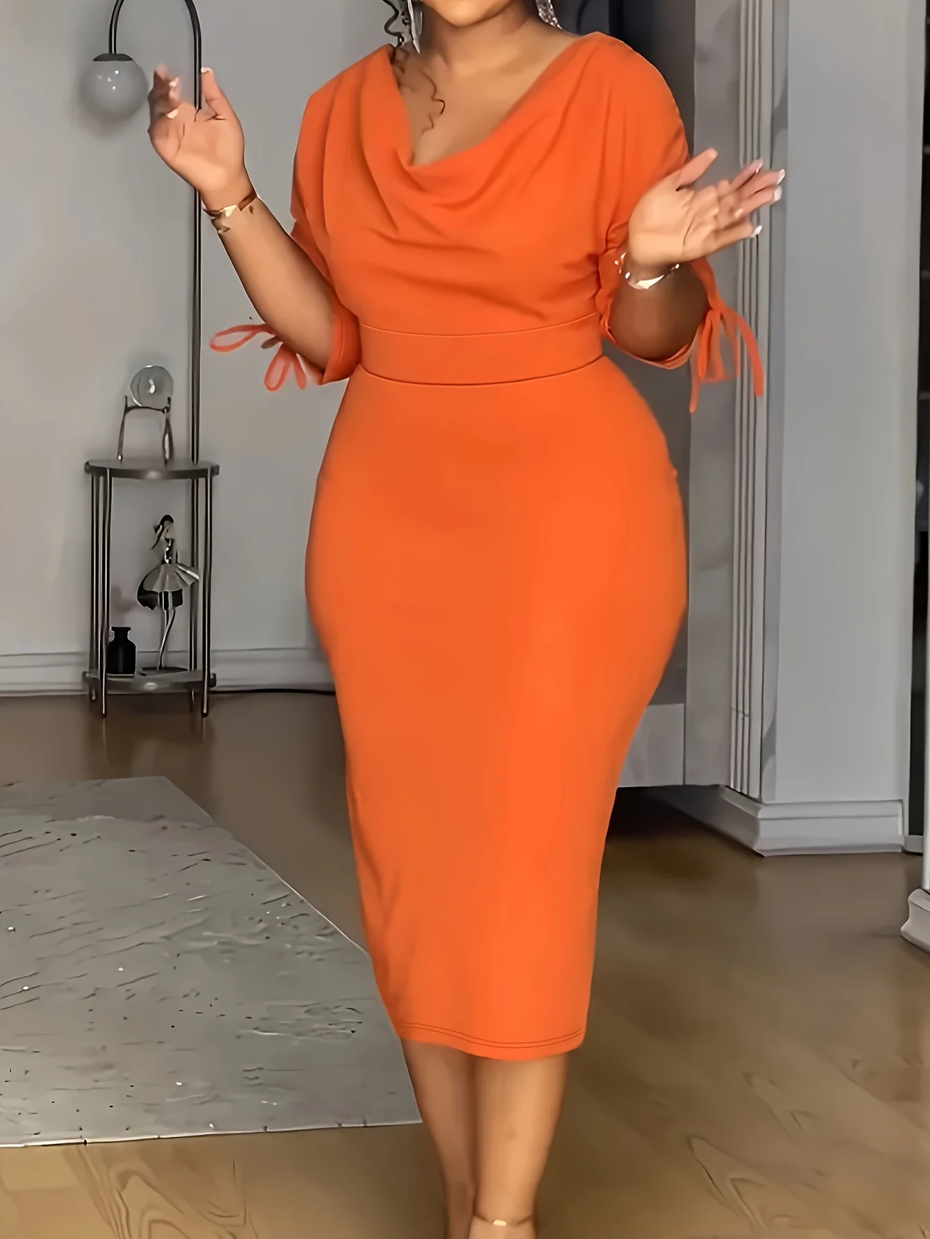 Orange Half Sleeves Pile Neck Drawstring Slit Wrap Dress Formal Evening Party Pleated Fitted Midi Dress